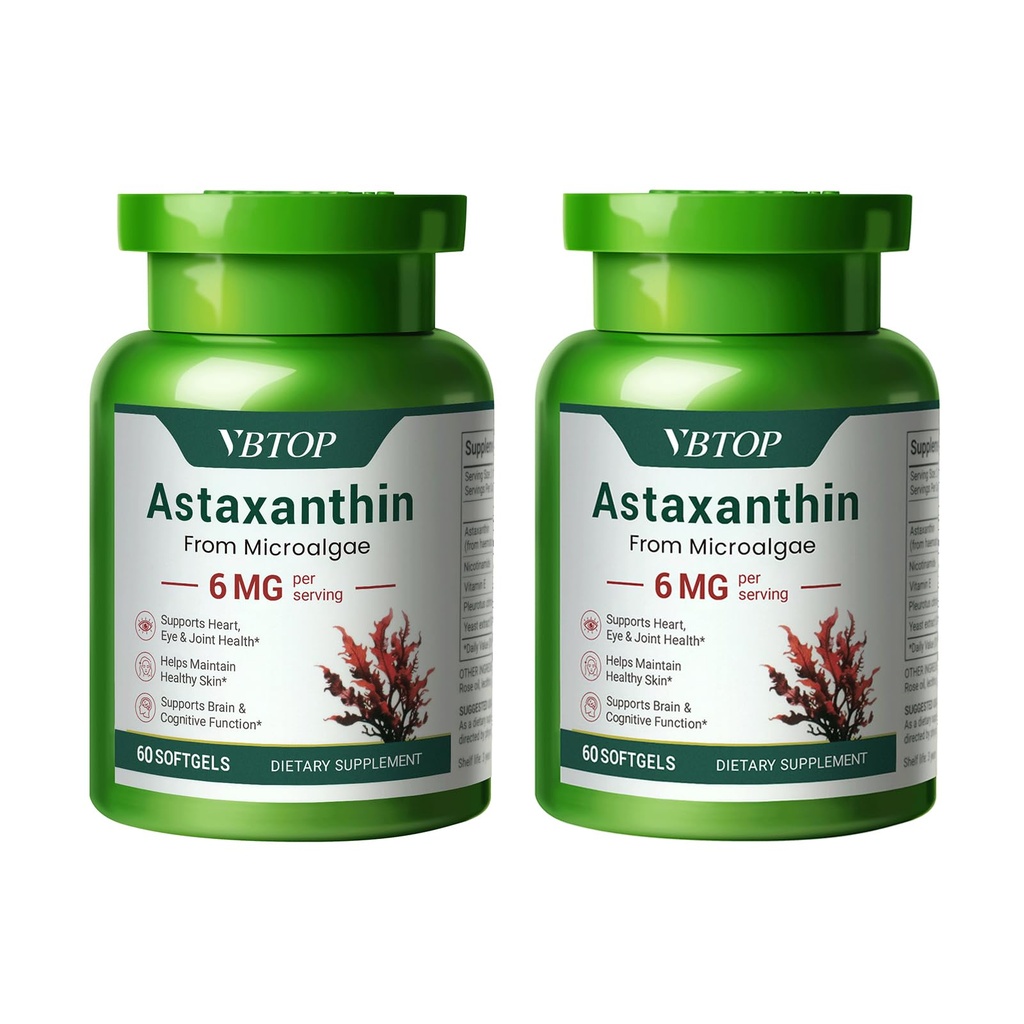 2 Bottles Astaxanthin 6 mg, Premium Astaxanthin Suplement with Antioxidant Activity, Supports Eye, Skin, Joint, and Immune System Health. Sumber Microalgae segar, Non- GMO, gluten- bebas - 120 softgels