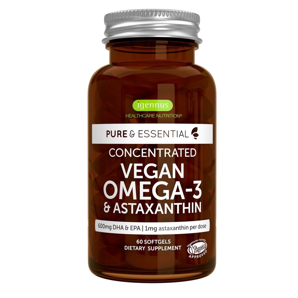 Igennus Vegan Omega- 3 Natural Algae Oil, DHA & EPA, Sertifikasi Murni, Tanaman Berdasarkan Suplemen Acid Gendut, dengan Antioksidan Astaxanthin, 60 Small Softgeels, 2 per hari, 30 Pelayan