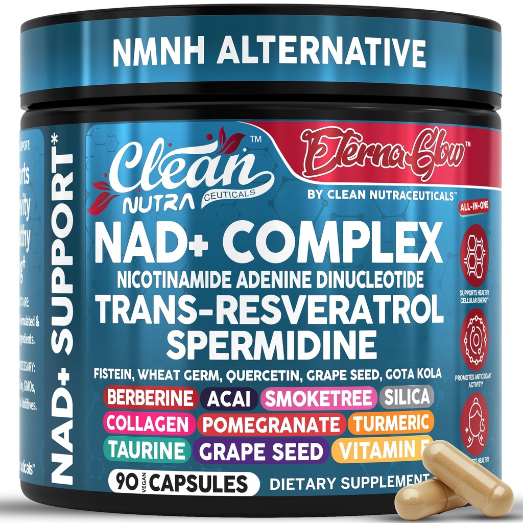 NAD Resveratrol Tambahan Spermidinin Fisetin Quercetin Benih Grape Gou Kola Berberine Astaxanthin Taurine Paprine Acai Anti Aging Umur-panjang Katup Perempuan untuk Pria PrennaGlow oleh Bersihkan Nutra 90ct