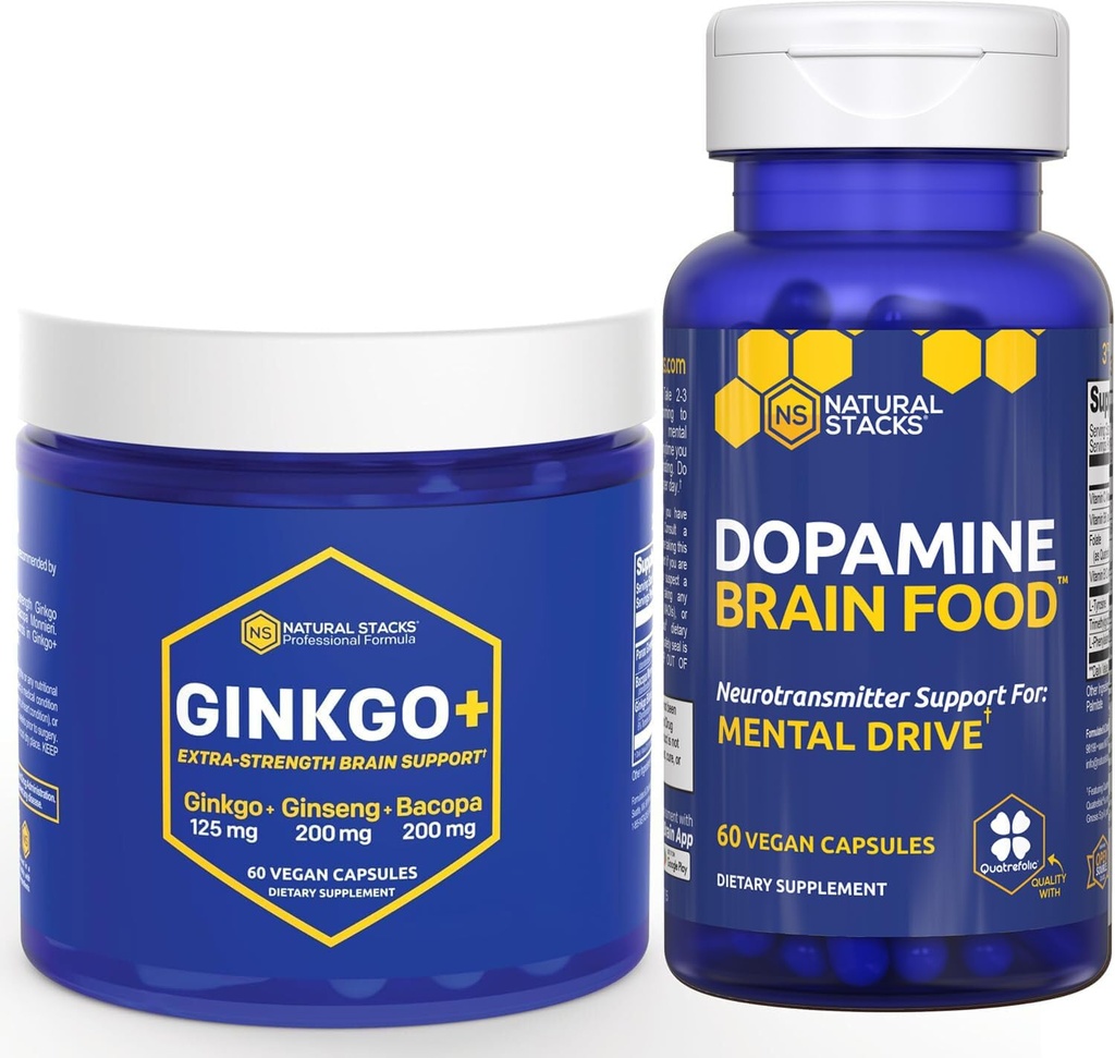 Stacks NATURAL Ginkgo Biloba + Dopamin Food Bundle - Support Focus & Mental Drive * - 120 Total Kapsul