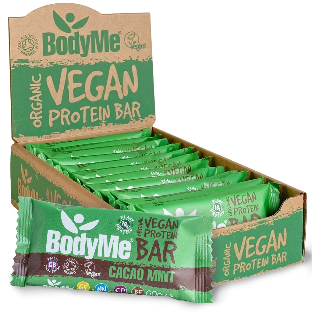 BodyMe Organic Vegan Bar Protein 124; Raw Cacao Mint 124; Kotak 12 x 2.12oz (60g) Alah4; dengan 3 Tanaman Protein
