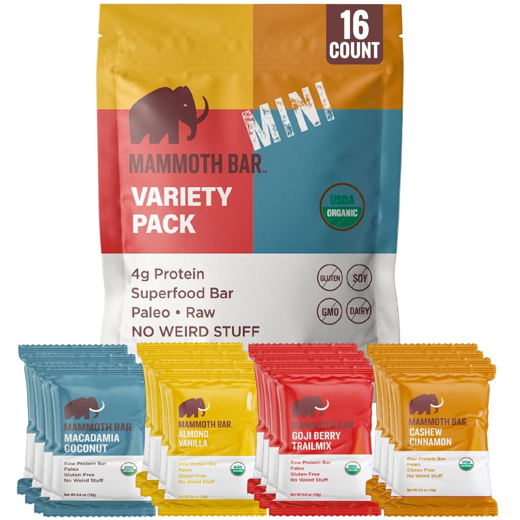 Mammoth Bar Mini - Variety Pack dari Mini Organic Protein Bars kami - Dibuat dengan Premium Nuts & Egg White Protein Selemah Organik Paleo Bebas Gluten - 16 Mini Bars