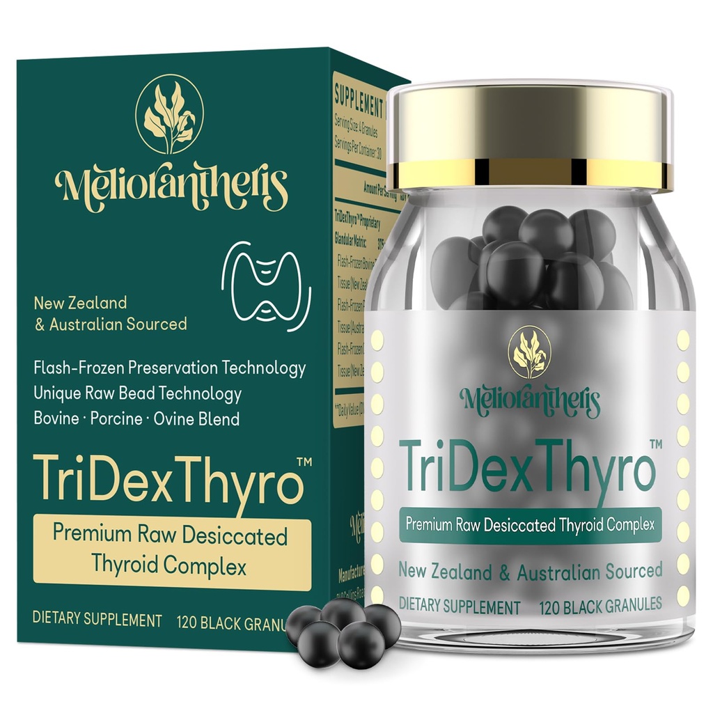Suplemen Thyroid - TridexThyro ™ Raw Desicated Thyroid Kompleks 375 mg with Bovine, Porcine & Ovine -120 Capsules for Women and Men Afsel