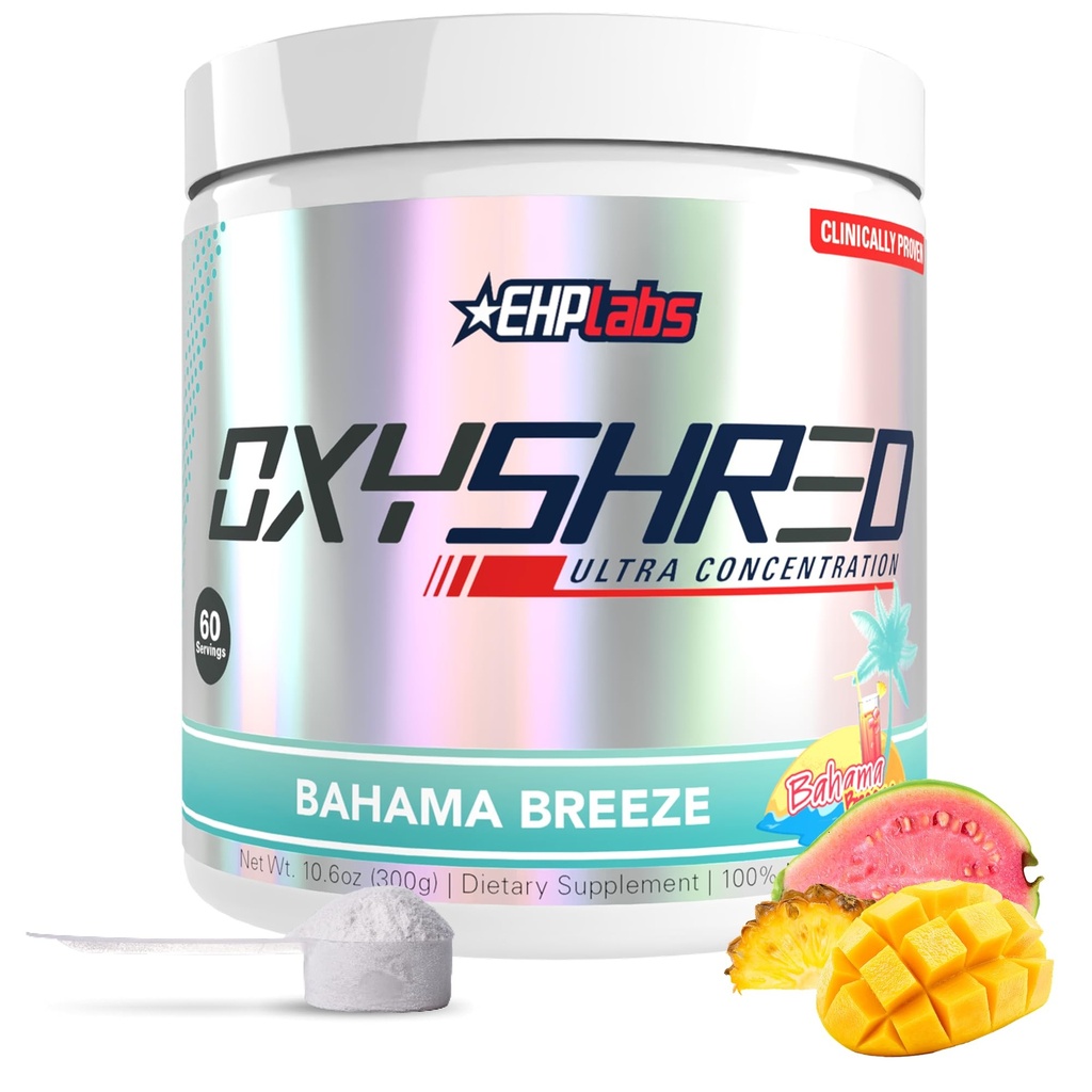 Powder Pre Workout EHP Labs OxyShred - Powder pretraining dengan L Glutamine & Acetyl Carnitine, Energy Boost Drink - Bahama Breeze / Beach, 60 Hamba
