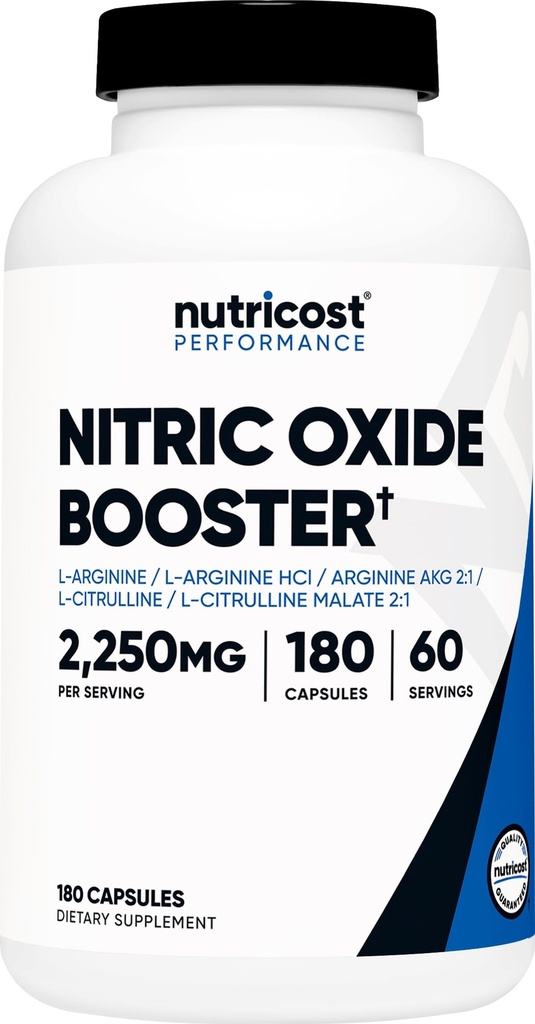 Nutricost Nitric Oxide Booster 2250mg, 180 Capsules - 750mg Per Casule, 60 Servings - Gluten Free dan Non- GMO