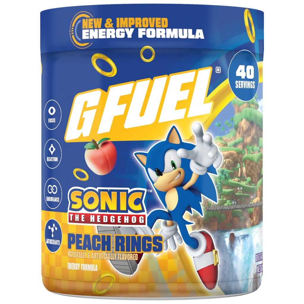 GGFuel Sonic 2.0 Energy Powder, Pre Workout Caffein Mix untuk Gaming, Sugar Free Focus Amino, Vitamin + Antioksidants, 9.8oz (Permen Cincin Peach, 40 Pelayan)