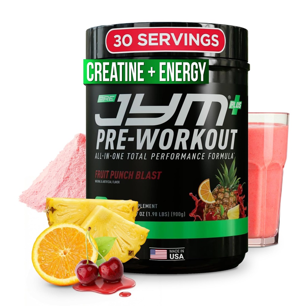 JYM Tambahan Sains Pra JYM Ditambah Fruit Punch Pre-Workout Powder, Amino Nitrate, Creatine, Betaine, Nootropics, BCAA, untuk Pria & Perempuan, 30 pelayan