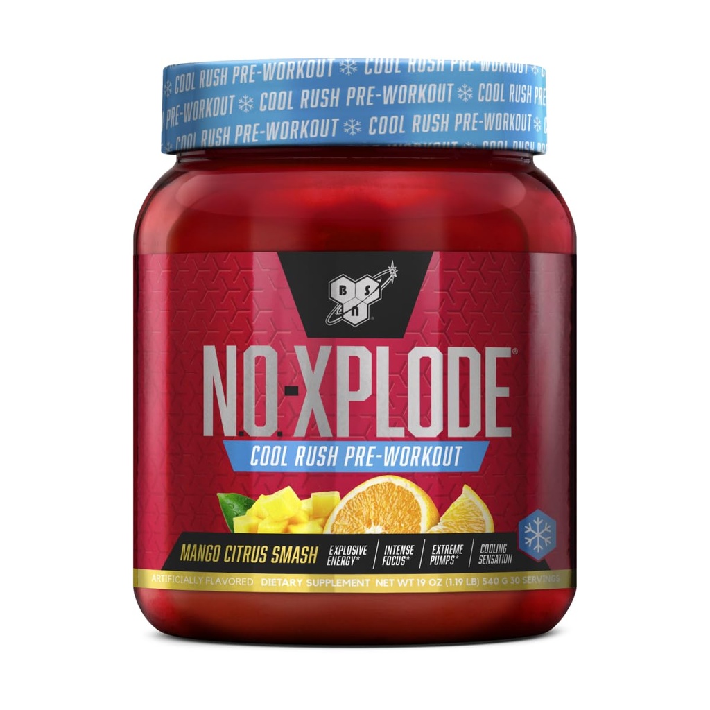 BSN N.O.-XPLODE Cool Rush Pre Workout Powder, Pretraining Energy Supplement for Men and Women with Creatine and Beta- Alanine, Mangga Citrus Smash, 30 Servings, 1.2 Pound (Packaging May Wary)