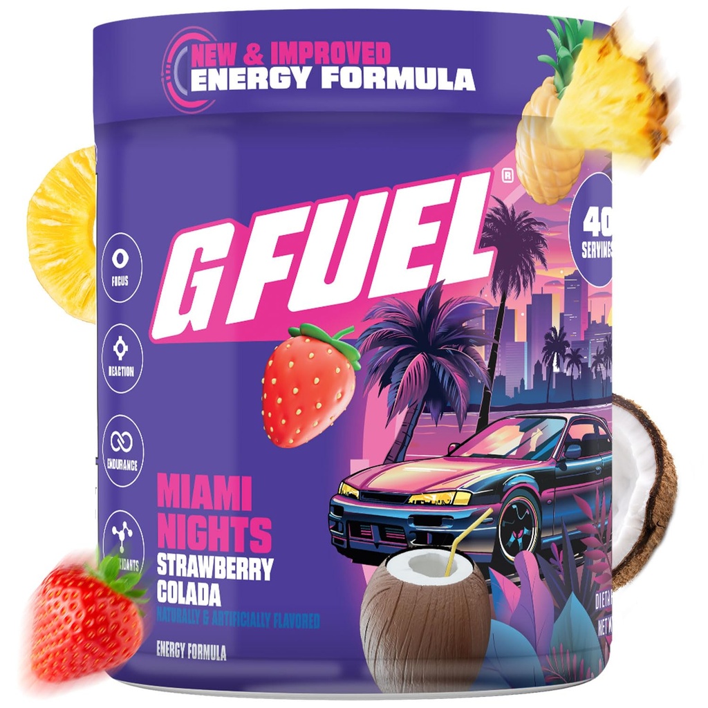 G Fuel Miami Nights 2.0 Energy Chowder, Pre Workout Caffeine Mix for Gaming, Sugar Free Focus Amino, Vitamin + Antioksidants, 8.7oz (Strawberry Pina Colada, 40 Servings)