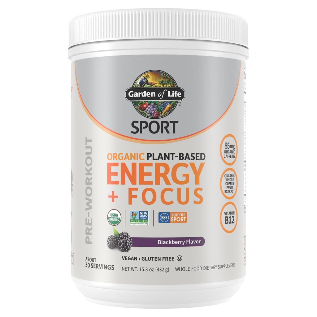 Garden of Life Sport Organic Plant Based Energy + Focus Pre Workout Powder, dengan 85mg Caffeine, Natural No Booster, B12, Vegan, Gluten Free, Non-GMO, BlackBerry, 15.3 Oz