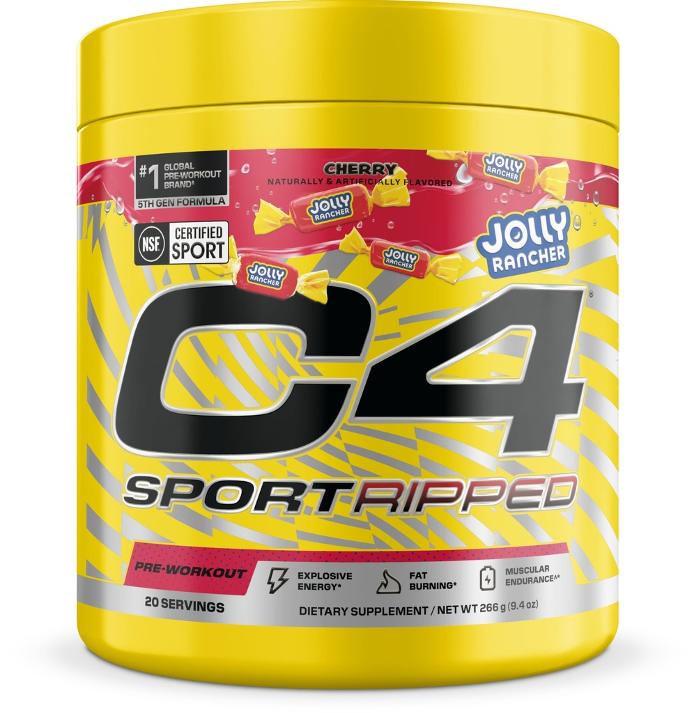 C4 Sport Ripped Pre Workout Powder - Jolly Rancher Cherry - NSF Bersertifikat untuk Sport - Elite Hidration - 200mg Caffeine + Creatine + Beta- Alanine - Electrolites and Energy - 20 Servings