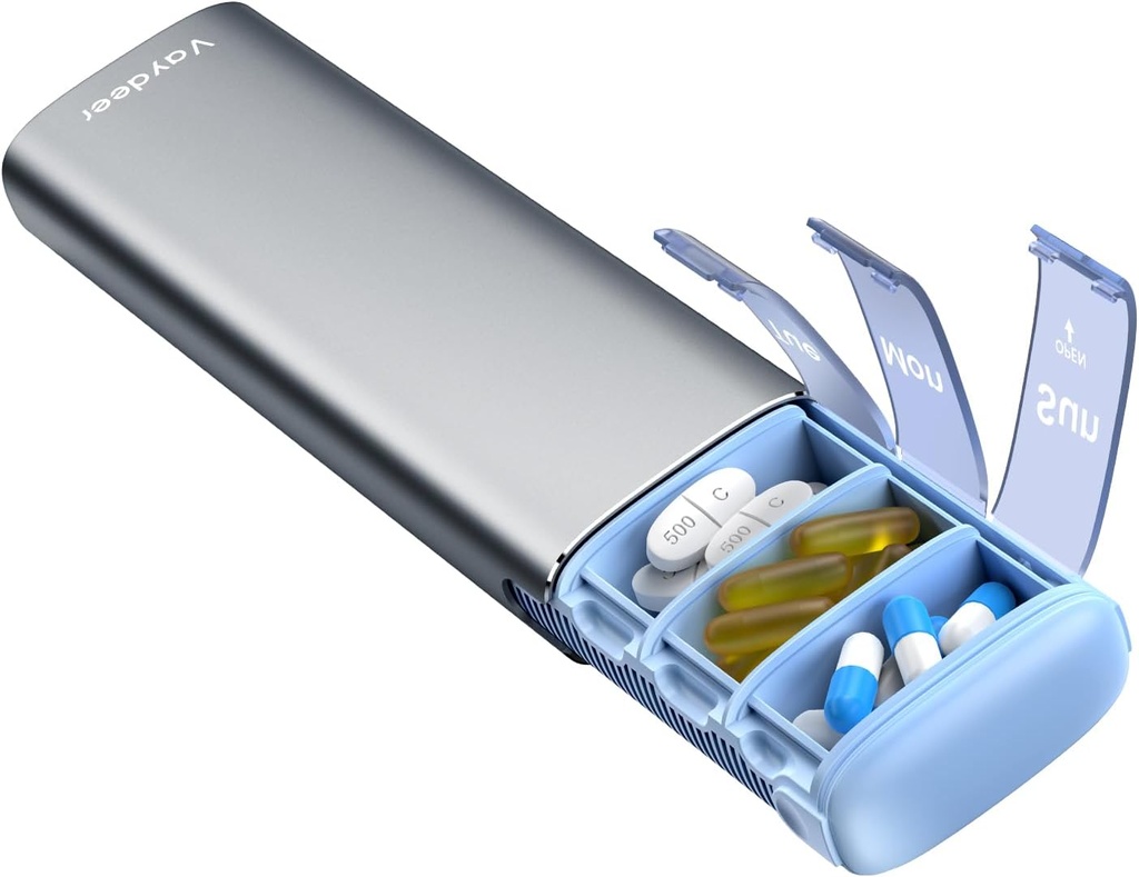 Vaydeer Metal Travel Pill Organizer, 7 Day Weekly Pill Box, Large Capacity Daily Cull Case for Suplemen, Pil, Vitamin dan Obat (Small, Gunmetal)