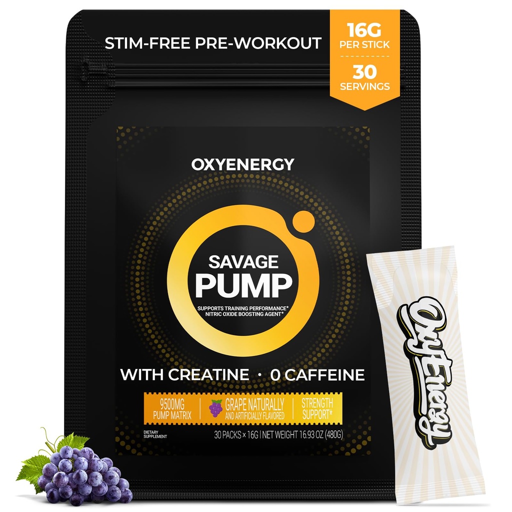 OxyEnergy Nitric Oxide Booster, Max Pump Non Stim Pre Workout Powder for Men, with Beta Alanine, L Citrulline, Creatine for Circulation, Muscle Pumps, Endurance, Grape, On- TheGo Packets - 30 Servings