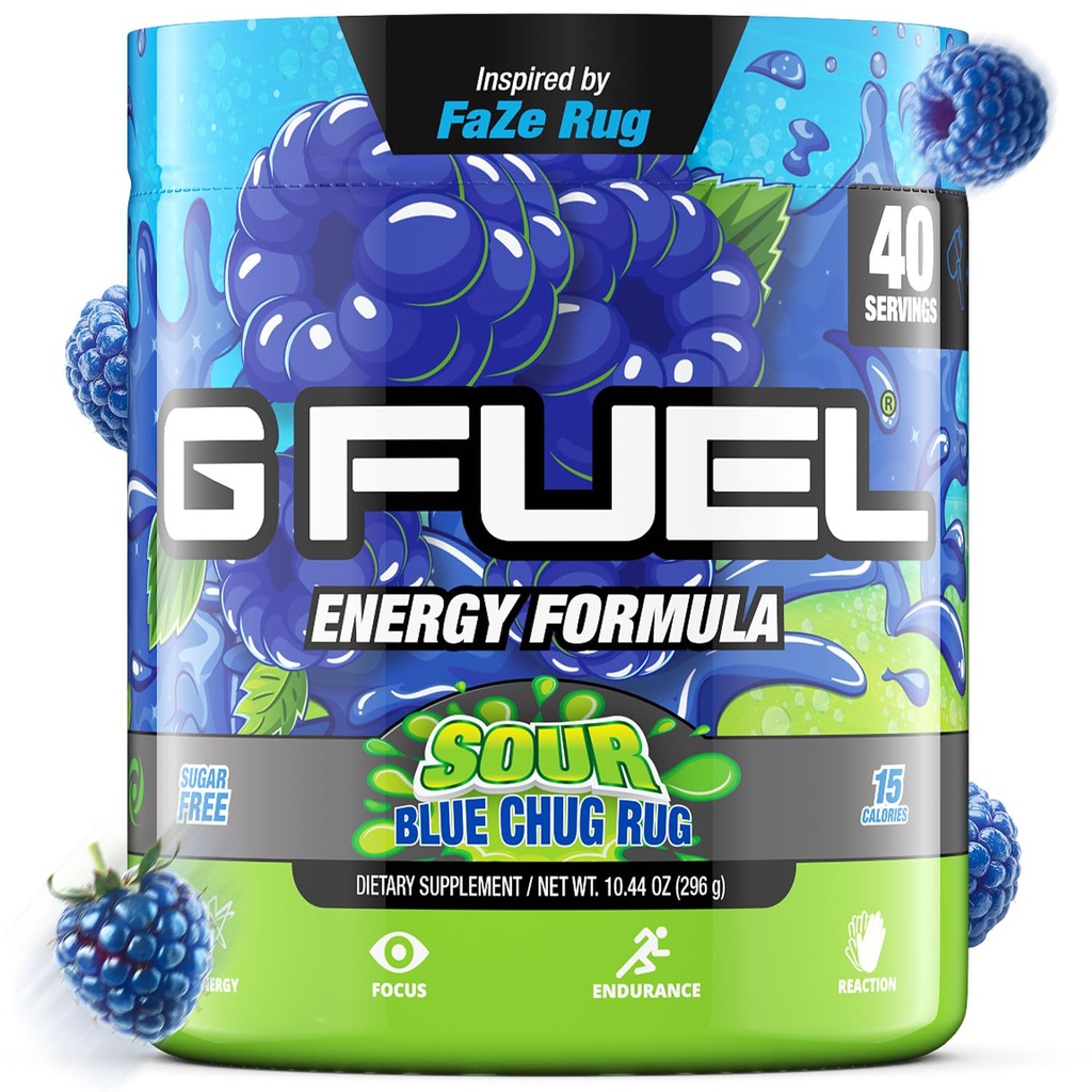 GFuel Chug Rug Energy Powder, Kafein Pre Workout Mix untuk Gaming, Sugar Free Focus Amino, Vitamin + Antioksidants, 10.44oz (Sour Blue Raspberry, 40 Servings)