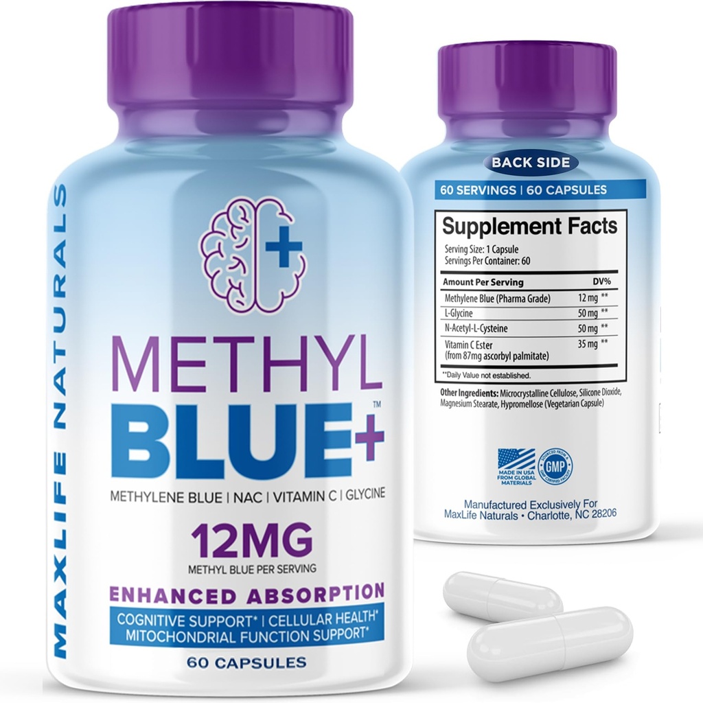 MAXLIFASI NATURALS Murni Methylene Blue Capsules, Ultimate Methylene Blue Pharmaceutical Tingkat 12mg - 60 Capsules dengan Vitamin C Ester & NAC Glycine, Mendukung Fungsi Sel & Kognitive, dibuat di Amerika Serikat