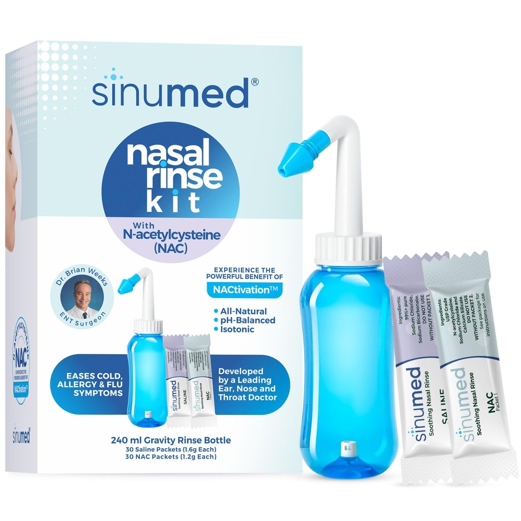 Sinus Rinse, 60PK Nasal Rinse Paket dengan NAC dan Saline, Gravity Rinse Bottle, Alternatif ke Neti Pot, Membantu Allergy, kemacetan, Gejala Dingin (Botol Gravitasi dengan NAC 60PK)
