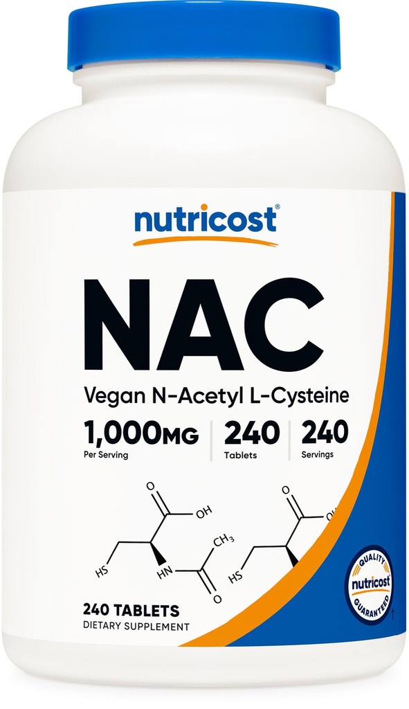 N-Acetyl L- Cysteine (NAC) 1000 mg, Tablet Vegan 240 - GMO Bebas, Gluten Free, Vegetarian Suplemen
