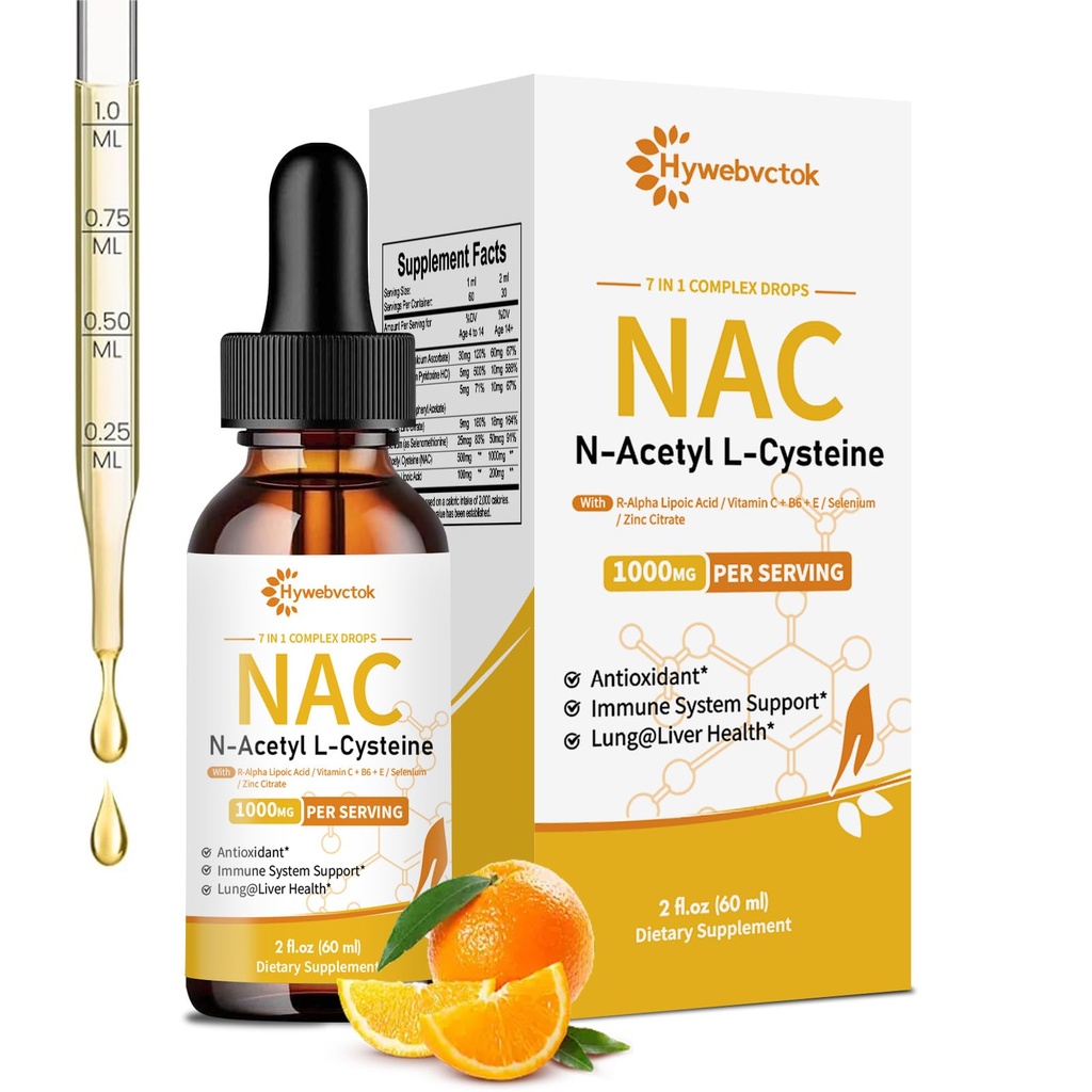 Liquid NAC Drops 1000 MG, NAC Suplemen N- Acetyl Cysteine dengan R-Alpha Lipoic Acid, NAC untuk Anak-anak & Dewasa, Imune & Antioksidant Dukungan, Liver & Lung Kesehatan, Orange Flavor, 0 Gula, 2FL OZ