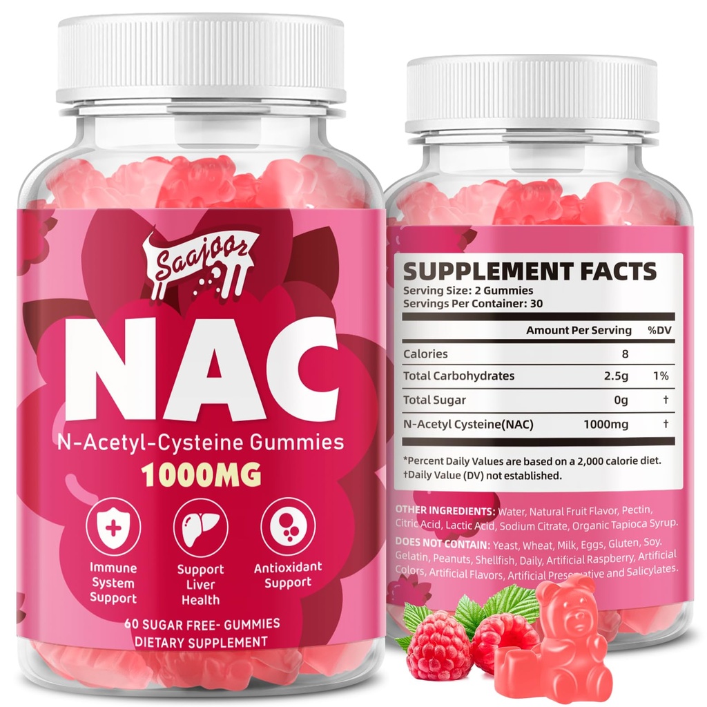 NAC Gummies Sugar- Free, N-Acetyl Cysteine NAC Tambahan 10000mg untuk Antioksidants, Dukungan Imune, Nun-GMO, Gluten- Bebas, Vegan - Raspberry Flavor, 60 Gummies