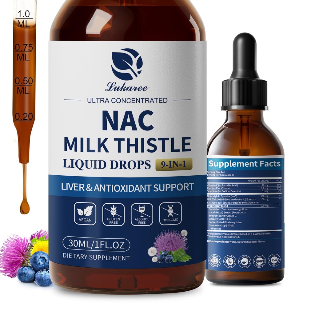 Lukaree Lipomal NAC Tambahan N- Asetil- L- Cysteine 600mg dengan Milk Thistle - NAC Amino Amino Acid Drops w / Selenium untuk Dukungan Liver & Kidney *, Lung, Antioksidants & Imune Dukungan * - Vegan, Non-GMO- 2oz
