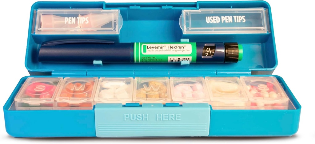 GMS Group Medical Suply, LLC Diabetic Pen Case & 7 Day Medicine Organizer - Travel Kit for Diabetic Supplies - at a Glace Medicine Reminder - Holds New & Fored Needles Safely - Small & Discreet