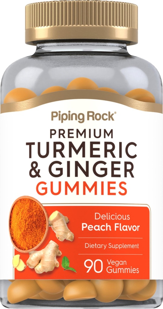 Piping Rock Turmeric dan Ginger Gummies 124; 90 Count 124; Peach Flavor 124; Vegan Formula 124; Non-GMO, Gluten Free Suplemen