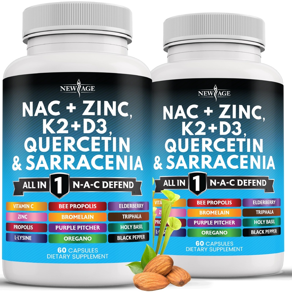 Tambahan NAC Baru N- Acetyl Cysteine- dengan Vitamin D3, K2, Zinc, Quercetin, Triphala, Sarrachenia Purpurea, Elderberry, Holy Basil, Bee Propolis, Bromelain, L-Lysine - 120 Count