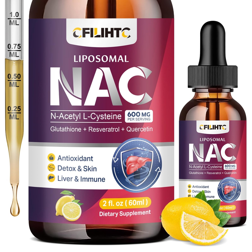 Lipomal Liquid NAC Suplemen N- Acetyl Cysteine Drops, N Acetyl Cysteine 600mg dengan Glutathione, Resveratrol & Zinc untuk Dewasa & Anak-anak, Lung Antioksidant & Skin Health, Lemon 2 Fl Oz