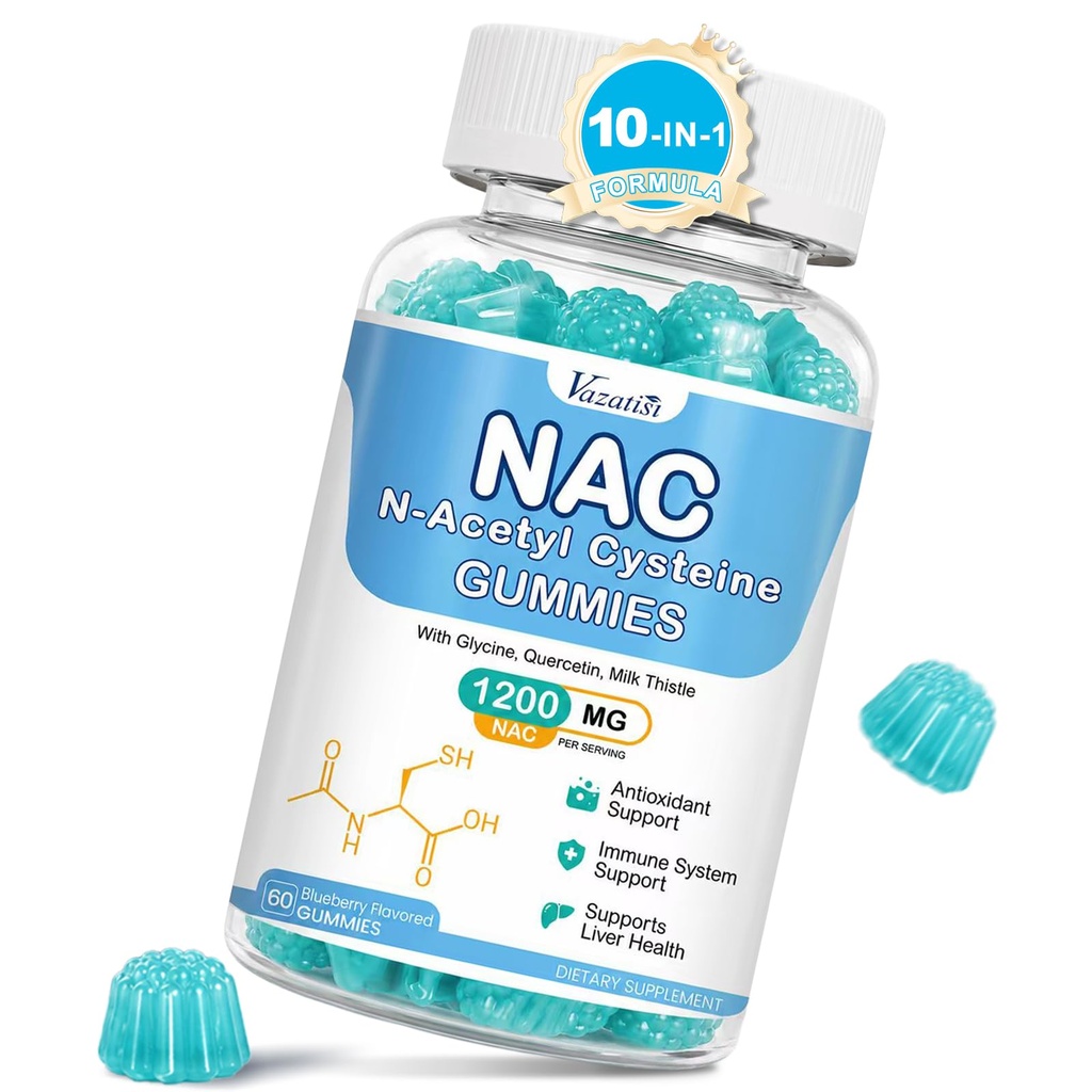 NAC Gummies, NAC Tambahan dengan Milk Thistle, Selenium, B6, B12 - Antioksidant, Dukungan Imune - N Acetyl Cysteine 600 mg per Gummy - Blueberry Flavored, 60 Cts