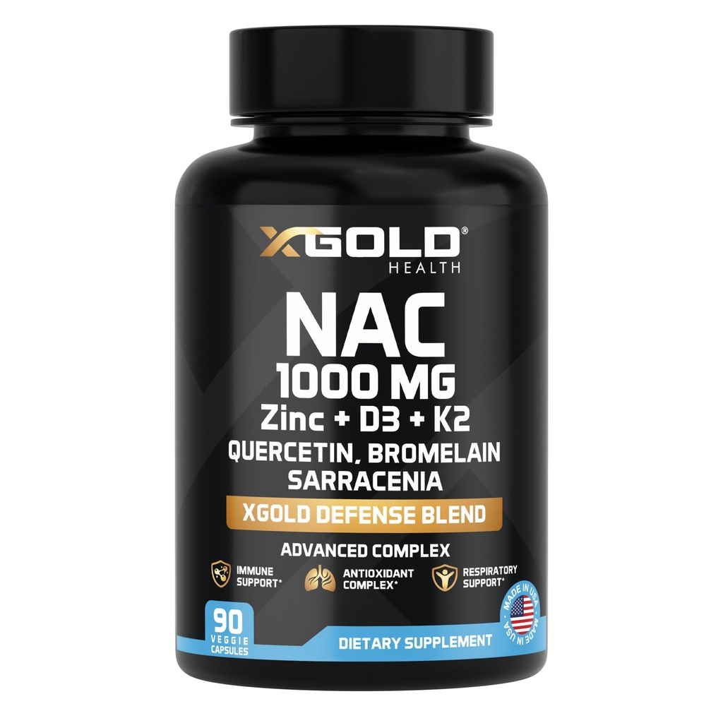 XGold Health NAC 1000 mg with Quercetin 95%, Bromelain, Zinc, Vitamin C, D3 & K2 Ammune Dupport & Antioksidant Supplemen Advanced Defense Blend 90 Vevgie Capsules