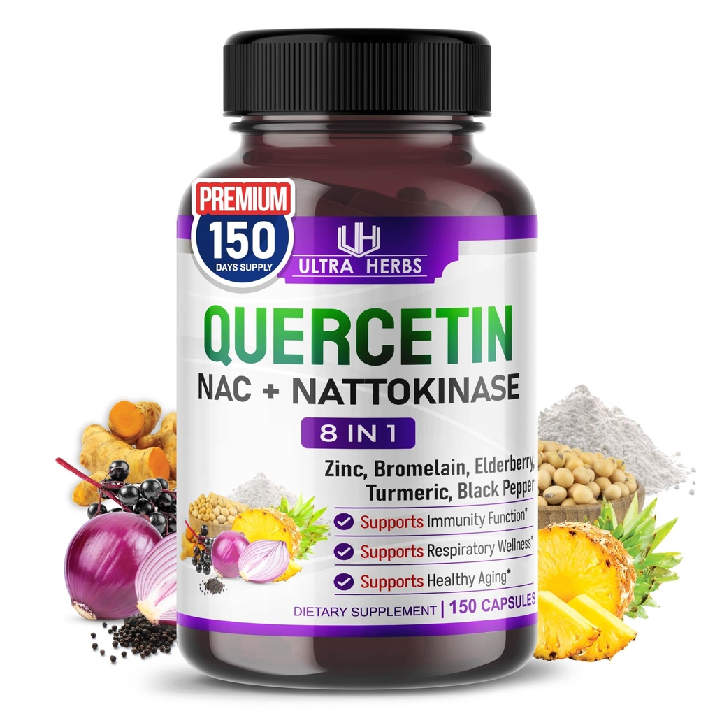 Quercetin Tambahan dengan Bromelain, Vitamin C dan Zinc, Nattokinase, NAC, Elderberry, Elderberry 124; 8 dalam 1 Ultra Antioksidant Kompleks untuk Imune Kesehatan 124; 150 Capsules