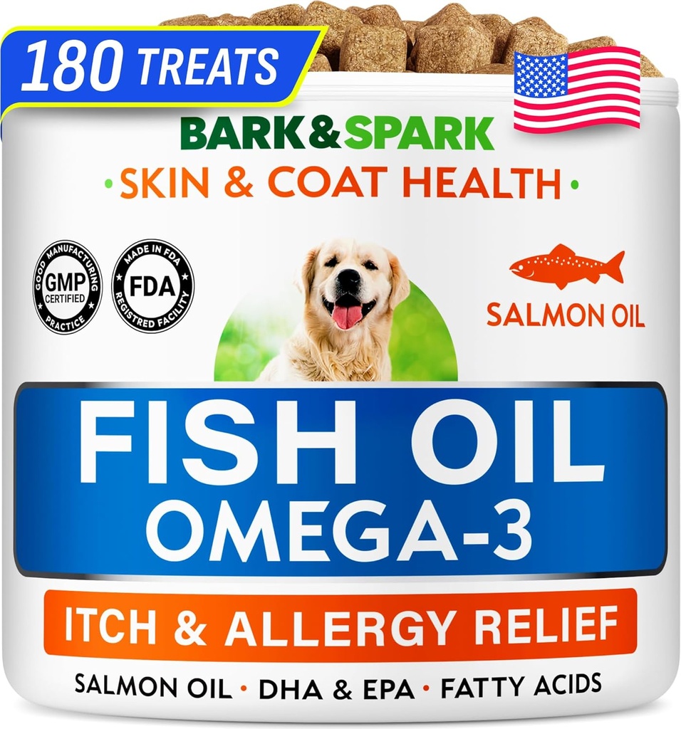 BARK & SPARK Omega 3 untuk Dogs - 180 Fish Oil Treats for Dog Shedding, Skin Allergy, Itch Relief, Hot Spot Treatment - Joint Health - Skin and Coat Supplement - EPA & DHA Fatty Acids - Canine Salmon Oil