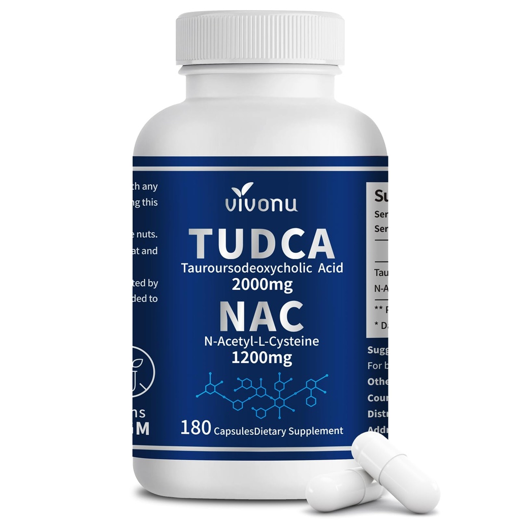 VivoNu TUDCA 2000mg + NAC 1200mg Kompleks Suplemen Suplemen TuDCA Bile Salt + N Acetyl Cysteine, Suplemen Antioksidant untuk Liver & Lung & Galluck Cleanse, Ditraffic - 180 Capsules
