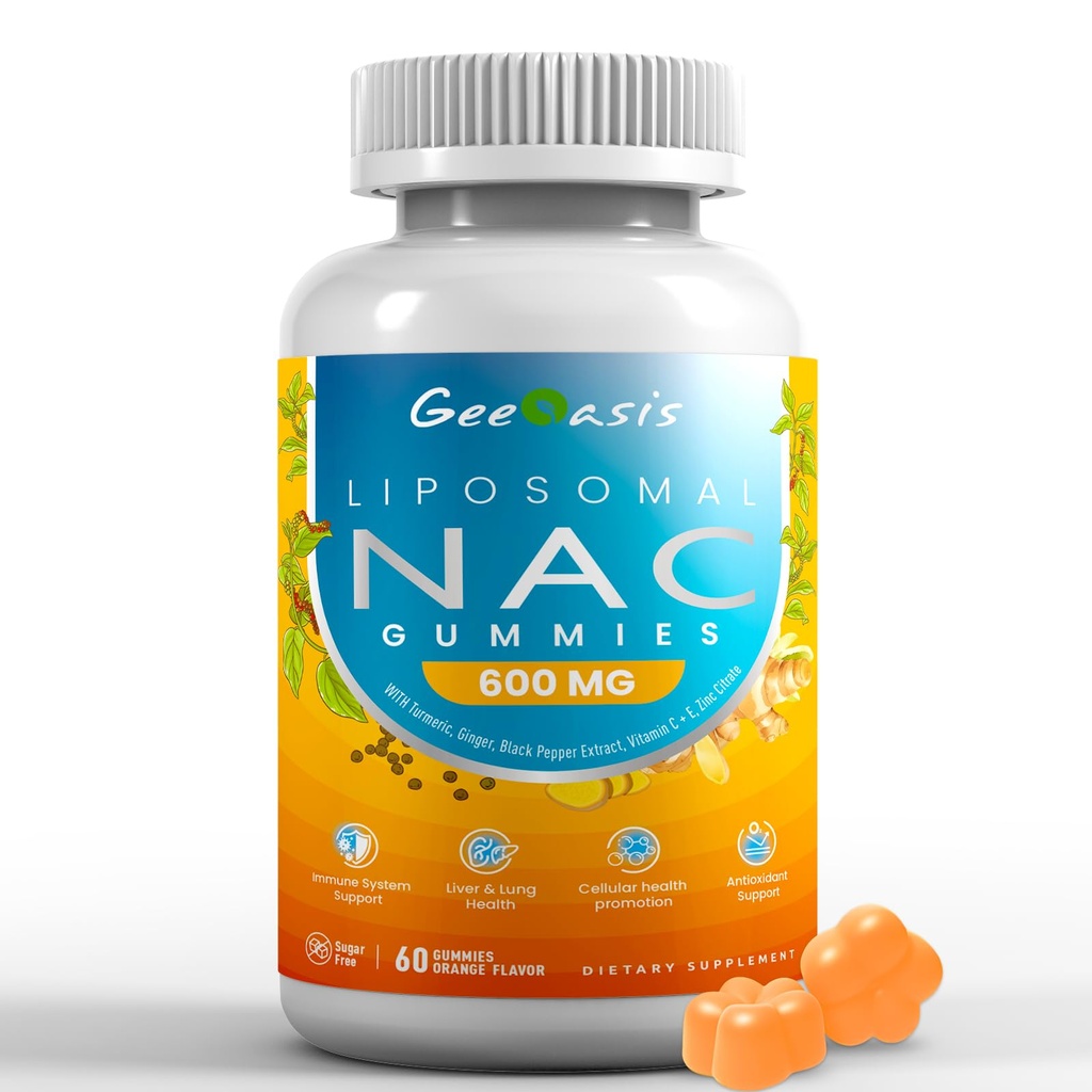 Lipomal NAC Gummies 600mg, N- Acetyl Cysteine Tambahan untuk Anak & Dewasa, dengan Turmeric, Ginger, Black Pepper, Imune, Dukungan Liver & Lung, Antioksidant, Sugar- Free Pineapple Flavor, 60 Negara