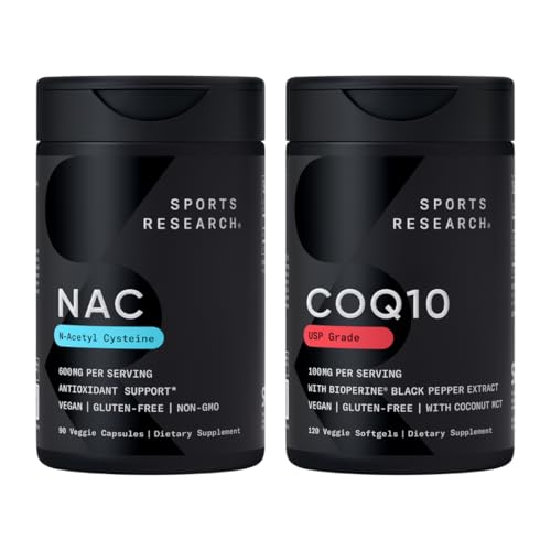 Penelitian Olahraga ® Antioksidan Dukung Paket - N- Acetyl L- Cysteine (NAC) 600mg, CoQ10 100mg Enhanced w / Coconut Oil & Bioperin - Vegan - GMO Bebas