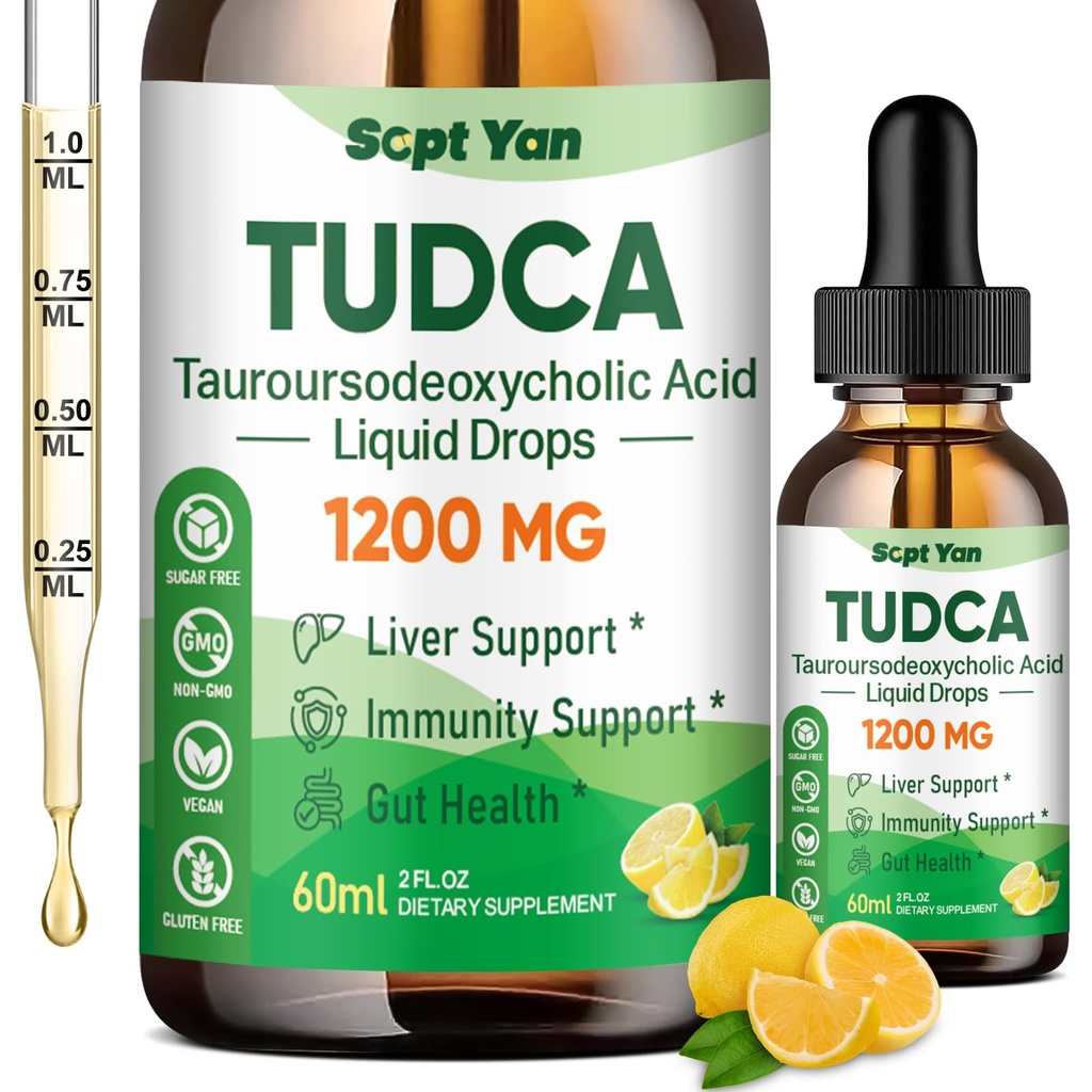 TudCA Suplemen 1200mg Liquid Drops, Liver Suver Tambahan dengan TuDCA, NAC, Milk Thistle Benih dan Dandelion, untuk Dukungan Liver, dan Pembersih kandung empedu & Repare, Sugar- Free, Vegan, Lemon Flavor, 2 Fl Oz