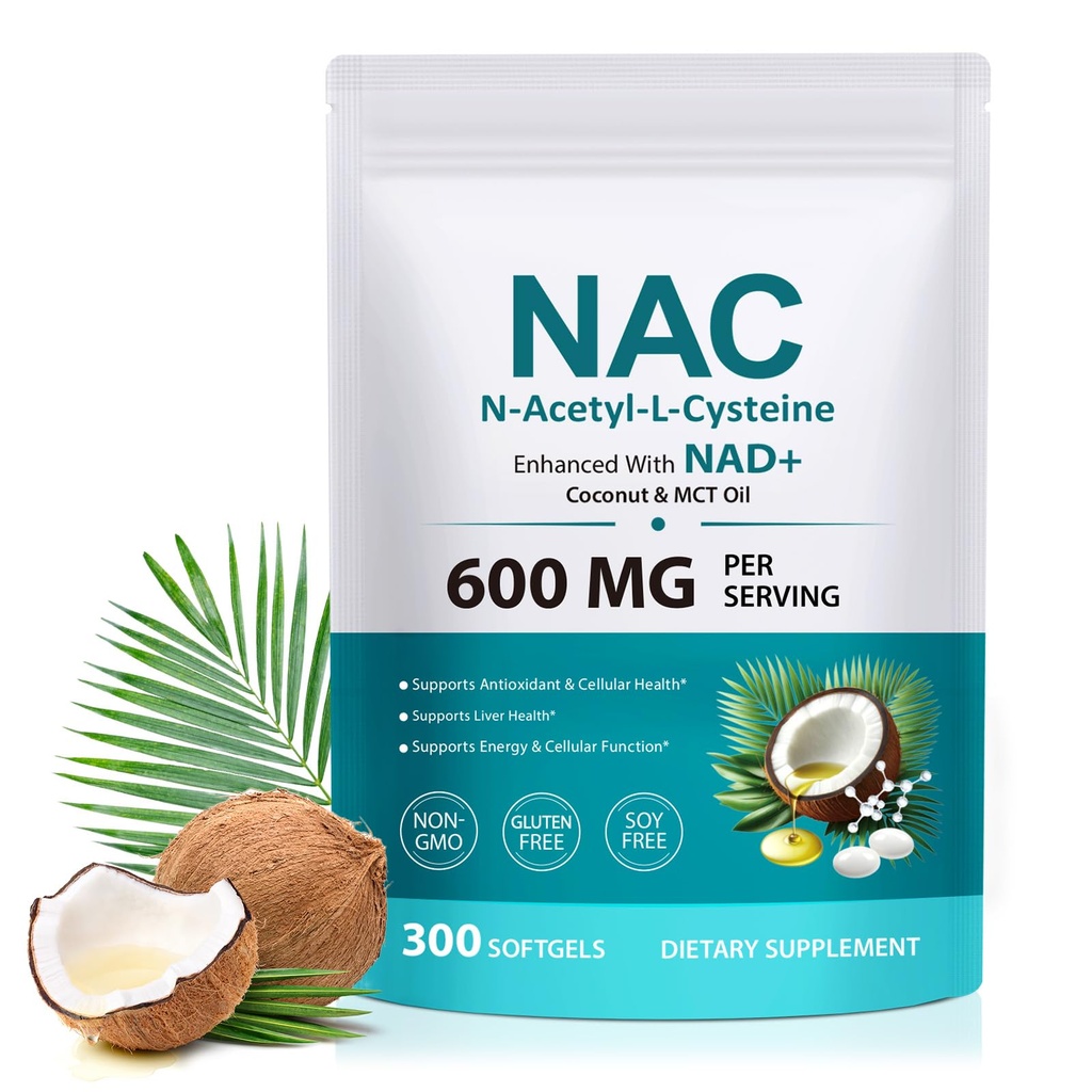 Tambahan NAC Suftgels, 300 Softgels N- AcetyI- L- Cysteine Suplement dengan Koconut & MCT Oil, Antioksidant & Cellular Kesehatan Dukungan, Fungsi normal Liver N- GMO, Gluten Bebas