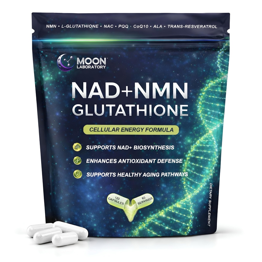NMN + L-Glutathione Suplemen - NAD + Dukungan, Mitokondrial Energy & Antioksidant Pertahanan dengan CoQ10, NAC, PQQ & Alpha Lipoic Acid - 120 Capsules. Isi Ulang Paket