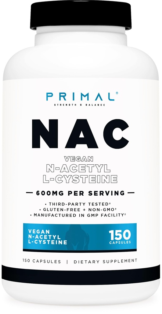 Primal N-Acetyl L- Cysteine (NAC) 600mg, 150 Capsules - Vegan N- Acetyl L- Cysteine Suplemen, GMO- Free, Gluten- Free
