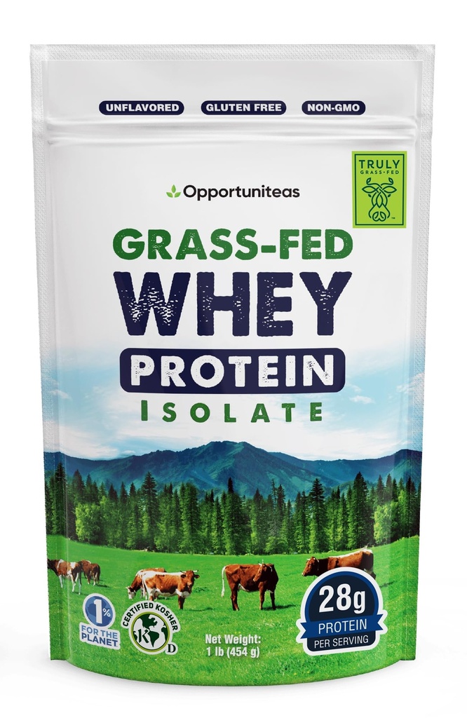Oportuniteas Grass Fed Whey Isolate Protein Powder - Unflashored, Heavy-Metal Tested, 28g Protein, Sourced from Ireland, Hormone- Free, Non- GMO, Packaged in USA - 1lb