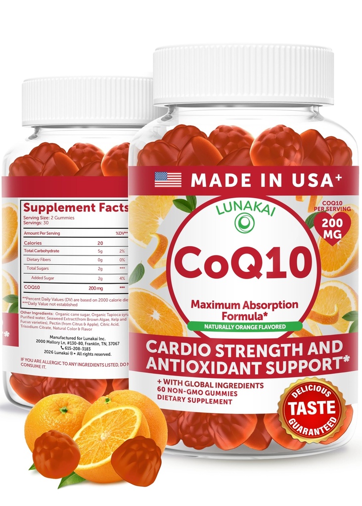 Lunakai USA Made CoQ10 Gummies for Adults - 200mg High Potency Coenzim Q10 Suplemen untuk Daily Heart, Energi & Antioksidant Dukungan untuk Perempuan & Men, Non-GMO, 60ct