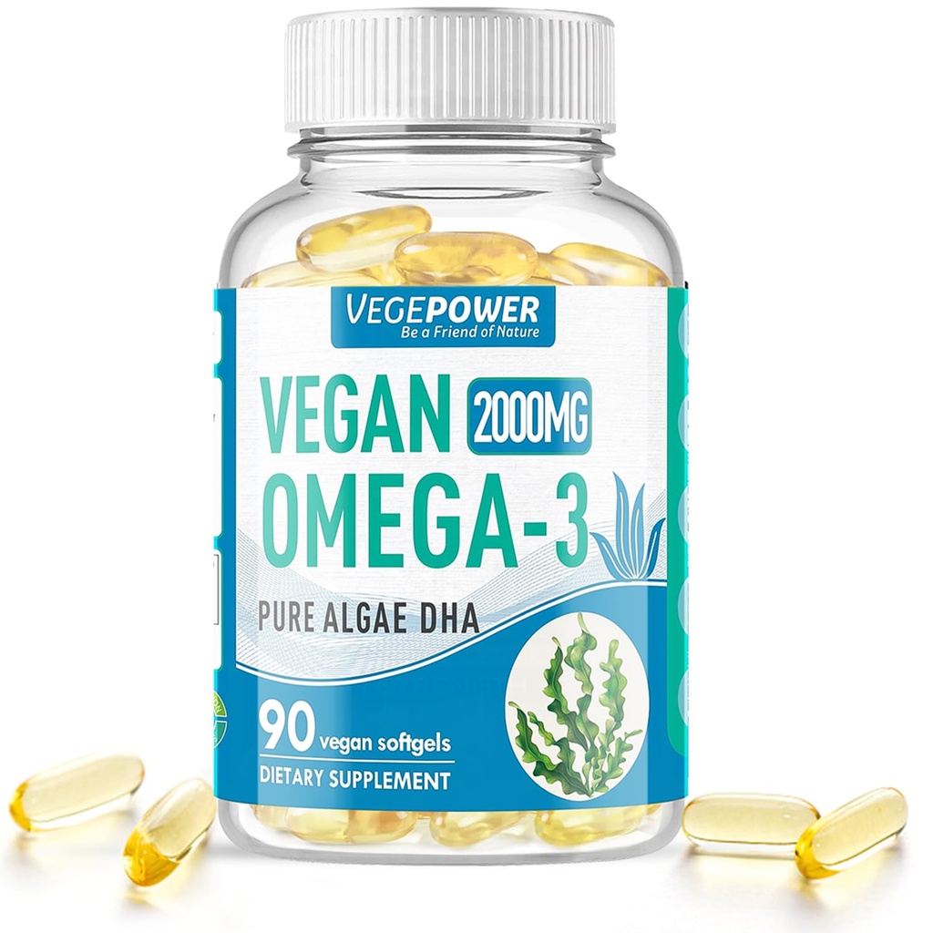 Vegan Omega-3 Algae DHA Suplemen - 2000mg Algae Oil, Plant - berbasis Prenatal Algal DHA, 90 Carrageenan Free Softgels - Sustainable Fish Oil Alvernative Support Otak, Hati, Mata, Gabungan Kesehatan