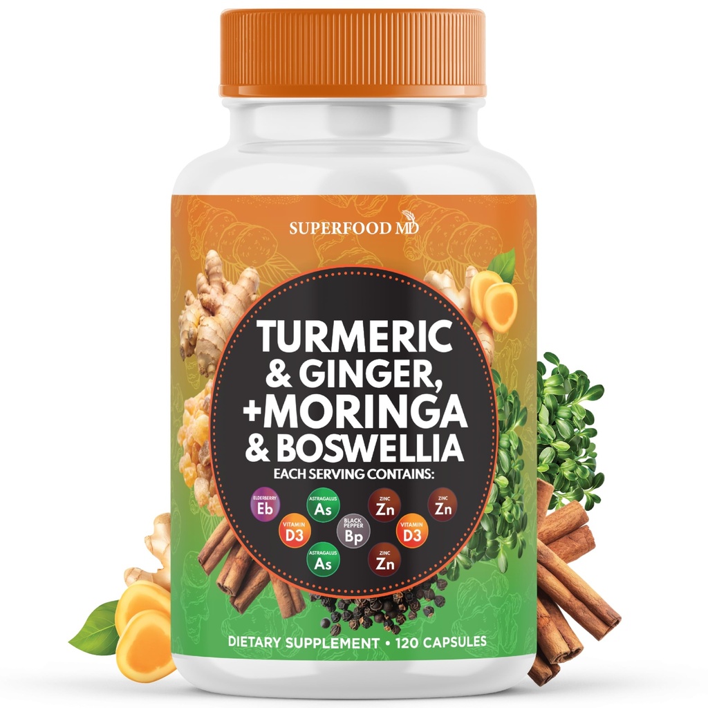 Suplemen Turmeric Moringa: Ginger, Boswellia, Saffron, Basil- Kudus Dukungan Bersama untuk Perempuan dan Pria dengan Cinnamon Ceylon, Quercetin, Tart Cherry- 120 Count