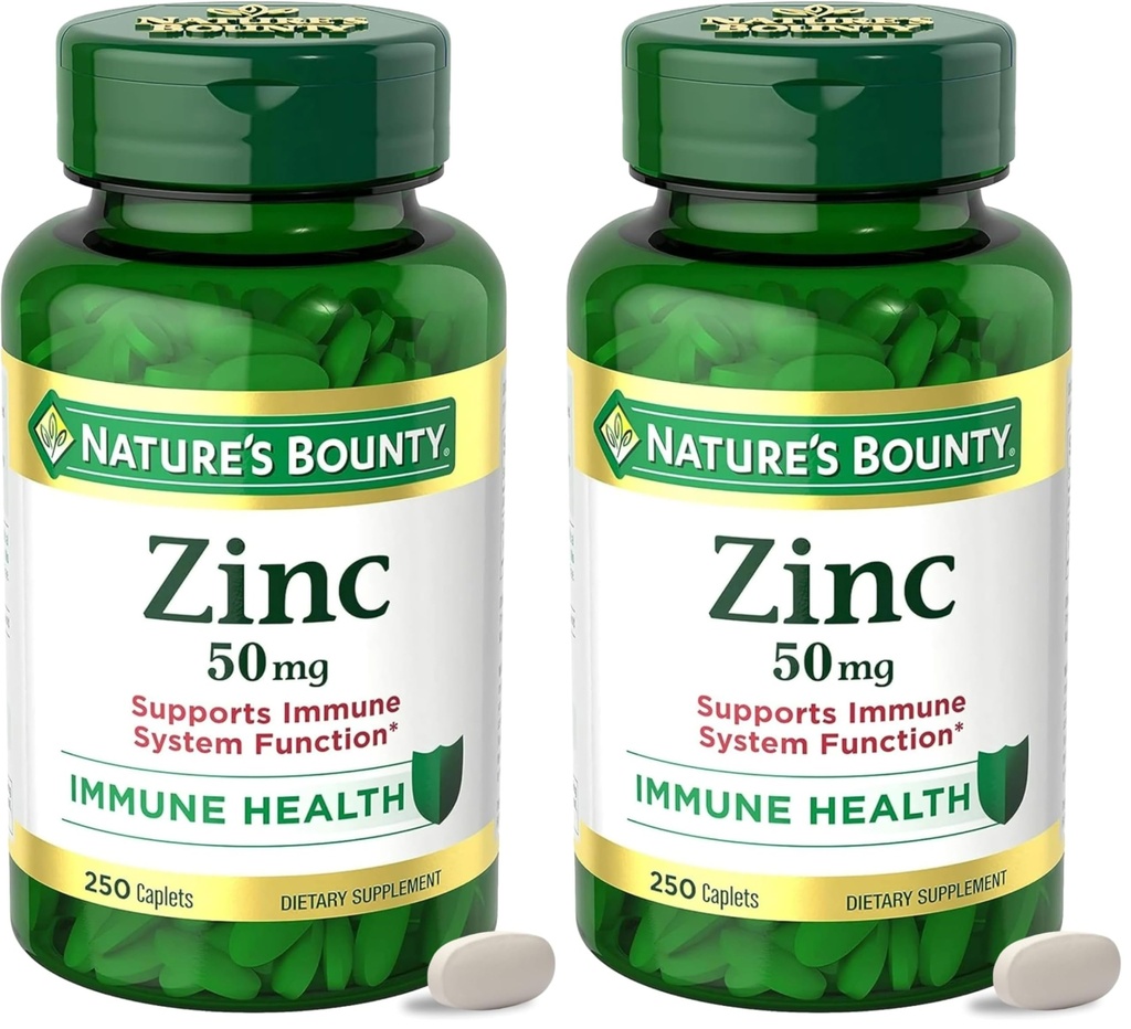 Nature 's Bounty Zinc 50mg, Support Imune & Antioksidant, Promotes Skin Health, 1 Caplet Per Day, Gluten Bebas, 250 Caplets Vegetarian, (Paket 2)