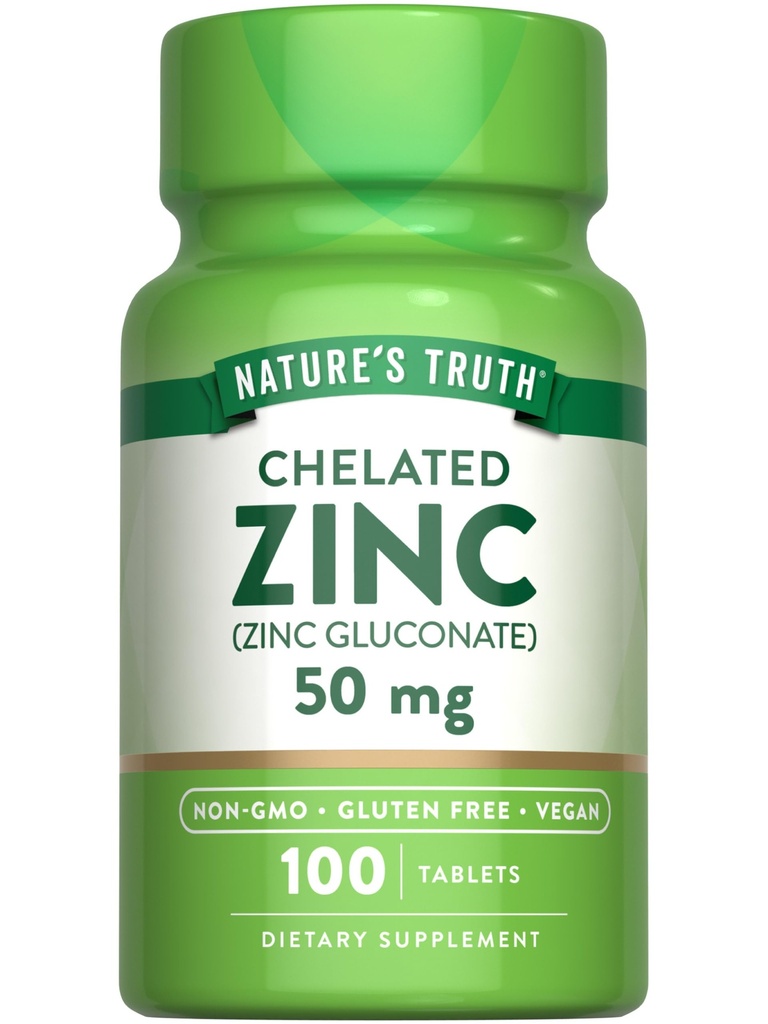 Nature 's Truth Cheleated Zinc 50mg 124; 100 Tablet = 124. Suplemen Mineral Escule = = Dari Gluconate Zinc 124; Vegan, Non-GMO & Gluten Free