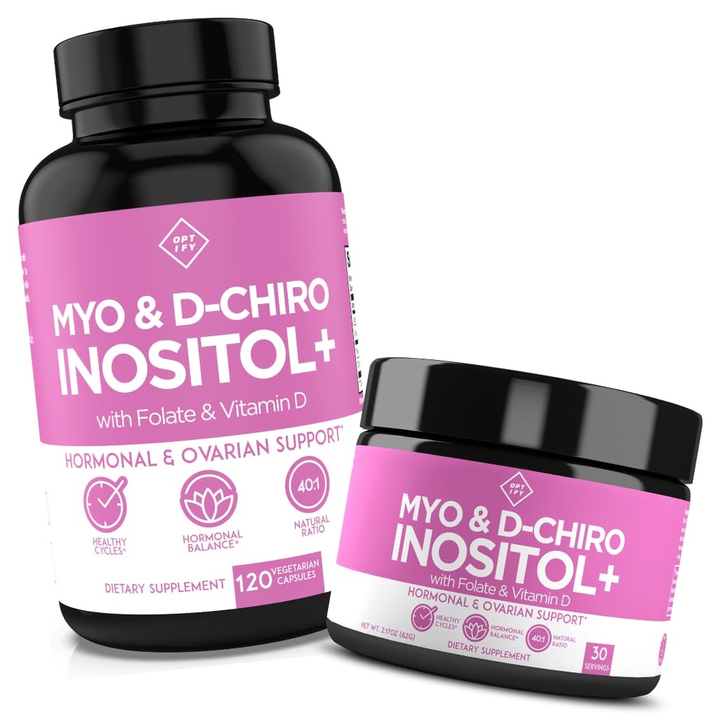 Optify Inositol Tambahan Bundle - Myo- Inositol, D- Chiro Inositol, Folate & Vitamin D - Capsule & Powder - 60- Day Supply - Hormone & Ovarian Support