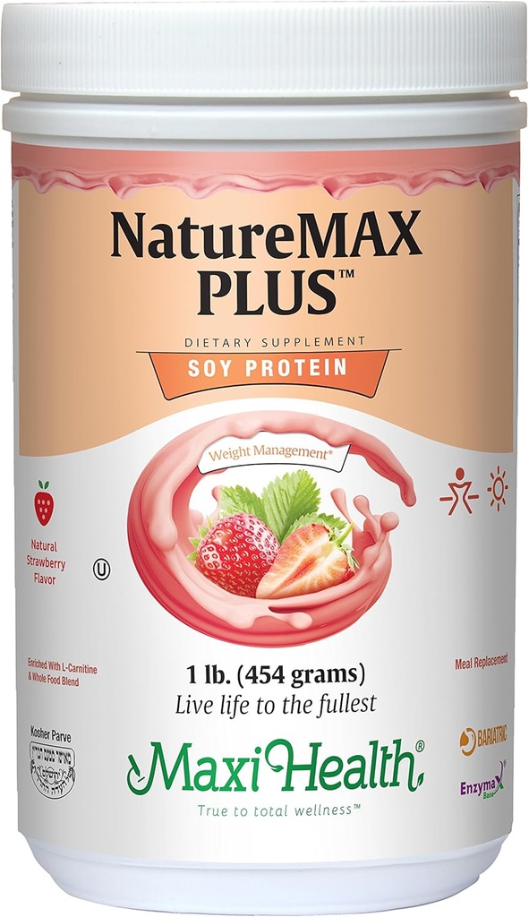 Maksimum-Health NatureMAX PISUTM Dukung Dukungan Energi Soy Protein - Suplemen Sugar Free Diet - 20g Protein Per Serving - Natural Strawberry Flavor - Kosher Vitamin - 1lb