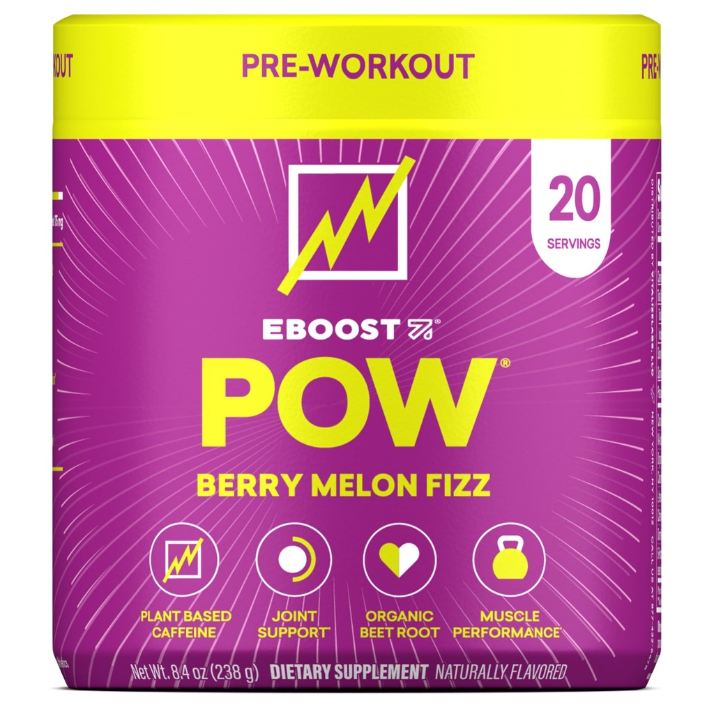 EBOOST POW Natural Pre Workout Powder - 20 Pembantu - Berry Melon Fizz - Pre Workout Suplemen untuk Performance, Gabungan Dukungan Mobility, Energi, Fokus - Pria & Perempuan - Non-GMO, Gluten- Free, No Creatine