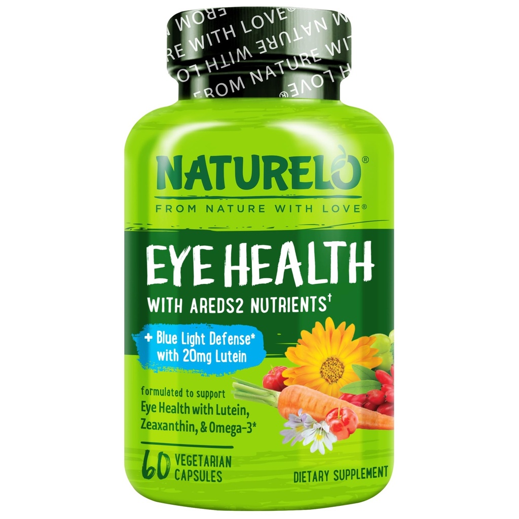 NATURELO Eye Vitamin - AREDS 2 Formula Nutrients dengan Lutein, Dalxanthin, Vitamin C, E, Zinc, Plus DHA - Supplemen untuk Dry Eyes, Heally Vision, Eye Dukung - 60 Vegan Capsules