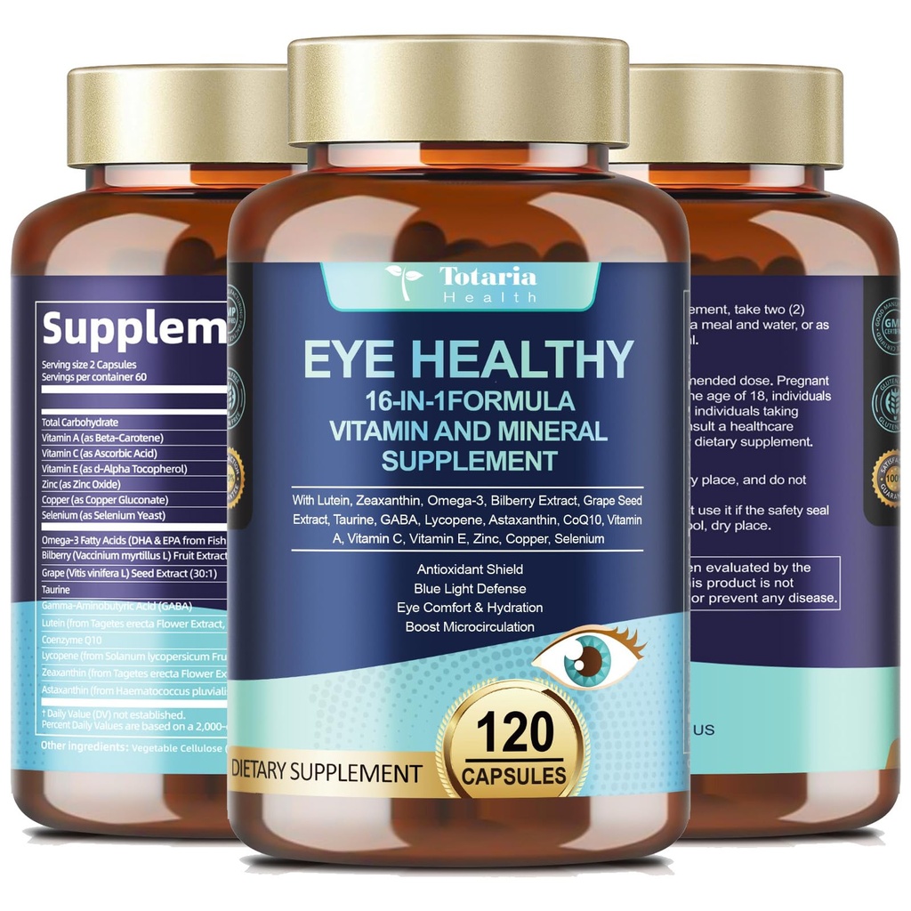 AREDS 2 Eye Vitamin dan Mineral Bilberry Extract Omega-3, Eye Vitamin untuk Kesehatan Senior Macalar dan Mata Kering, Vitamin Lutein Eye dan Lutein